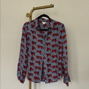 J. Crew Collection Silk Blue and Red tigger  Long Sleeve Button Down Shirt